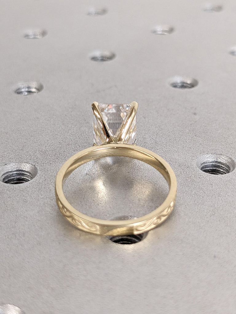 Emerald Cut Engagement Ring | VVS Moissanite Solitaire Promise Ring | 14k 18k Yellow Gold Rings for Women | Handmade Filigree Wedding Ring