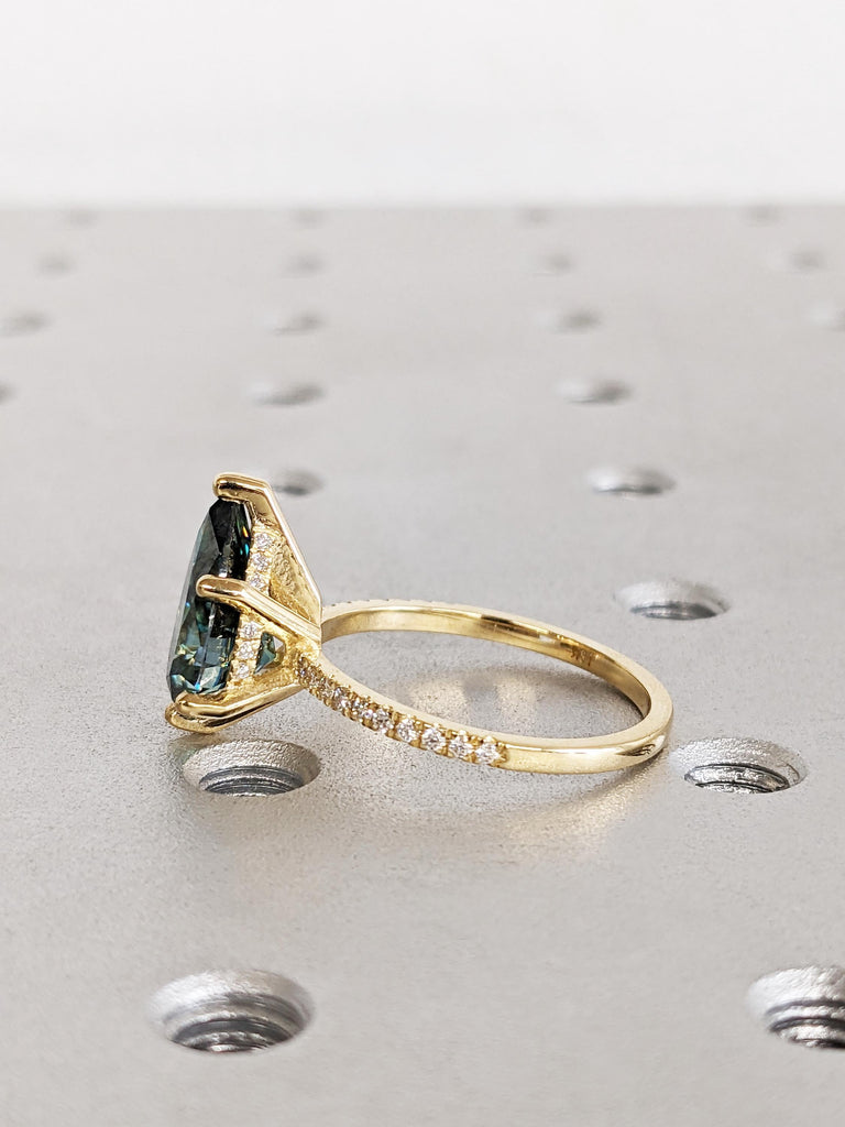 Colored Moissanite Engagement, Green Moissanite Ring, Vintage Blue-Green Pear Engagement Ring, Green Color Moissanite, Diamond Hidden Halo