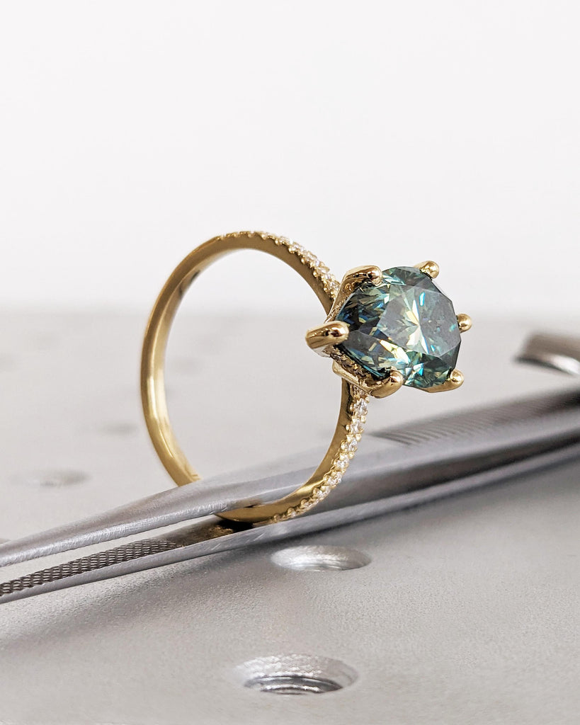Colored Moissanite Engagement, Green Moissanite Ring, Vintage Blue-Green Pear Engagement Ring, Green Color Moissanite, Diamond Hidden Halo