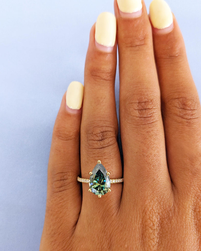 Colored Moissanite Engagement, Green Moissanite Ring, Vintage Blue-Green Pear Engagement Ring, Green Color Moissanite, Diamond Hidden Halo