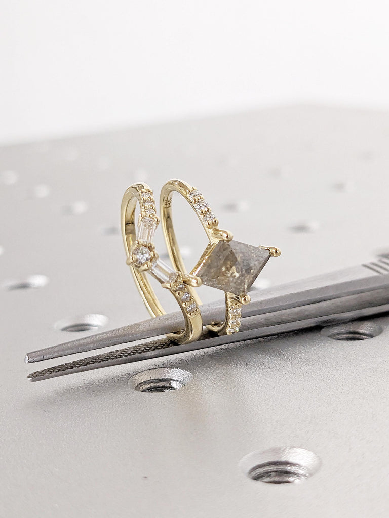 Art Deco Kite Engagement Ring, Salt and Pepper Diamond Promise Ring for Her, Round, Baguette Diamond Curved Wedding Band, Solid Gold Ring