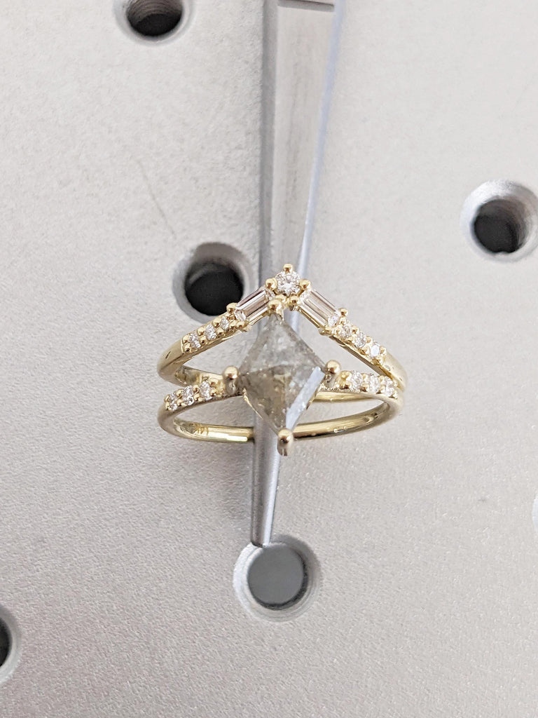 Kite Cut Salt and Pepper Diamond Ring, Dainty 14k Gold Bridal Set Ring