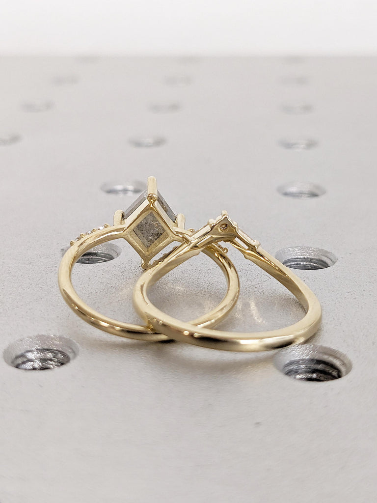 Art Deco Kite Engagement Ring, Salt and Pepper Diamond Promise Ring for Her, Round, Baguette Diamond Curved Wedding Band, Solid Gold Ring
