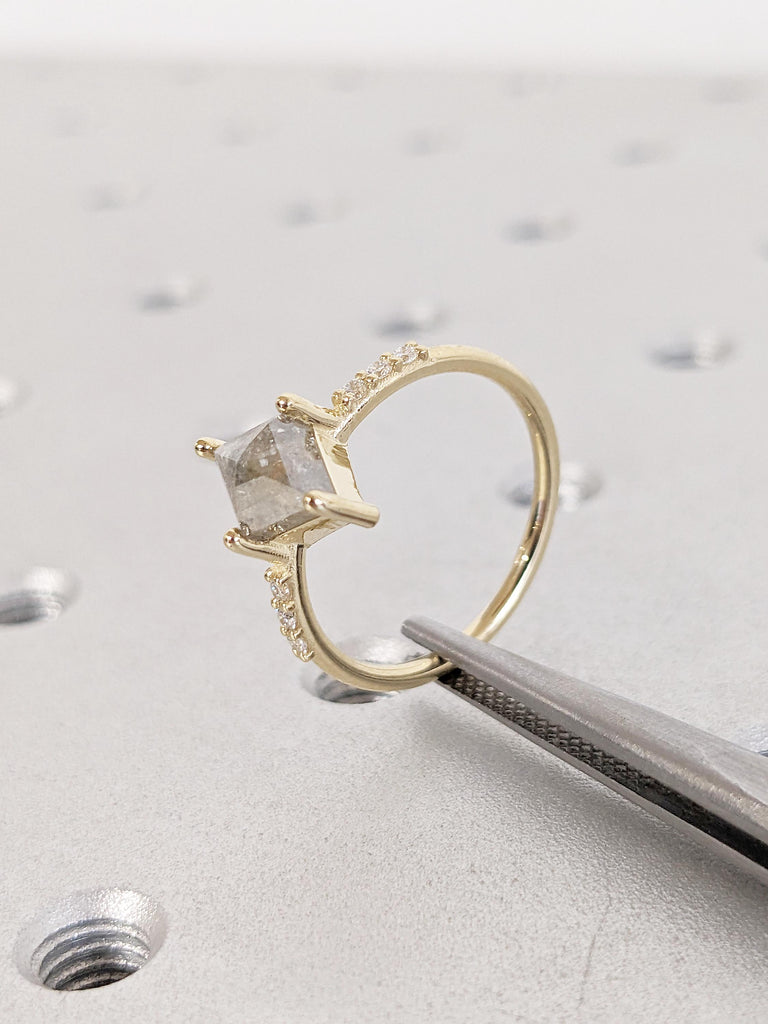 Kite Cut Salt and Pepper Diamond Engagement Ring, 14k Solid Gold Ring, Vintage Wedding Ring, Kite Shaped Ring, Anniversary Ring, Bridal Gift