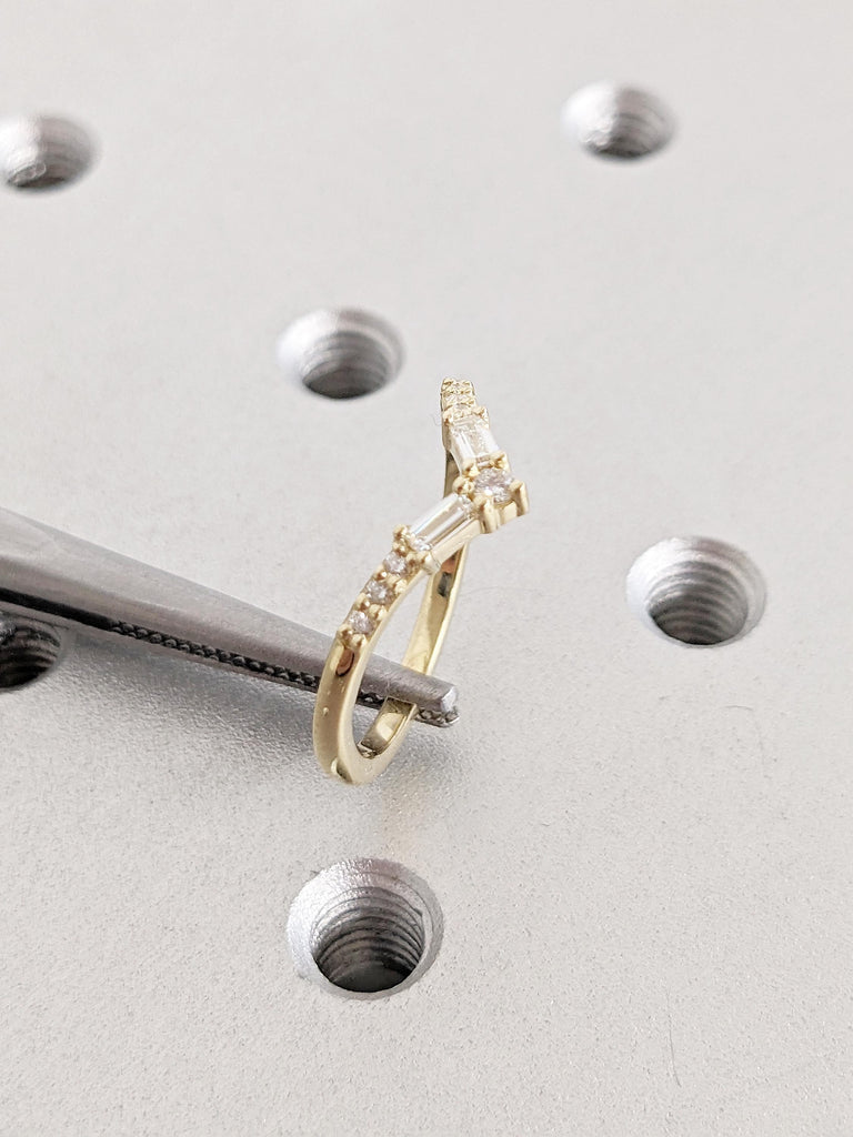 Diamond Chevron Ring | 14k Gold Matching Ring | Round, Baguette Diamond Cluster Ring | Art Deco Curved Wedding Band | Dainty Stackable Ring