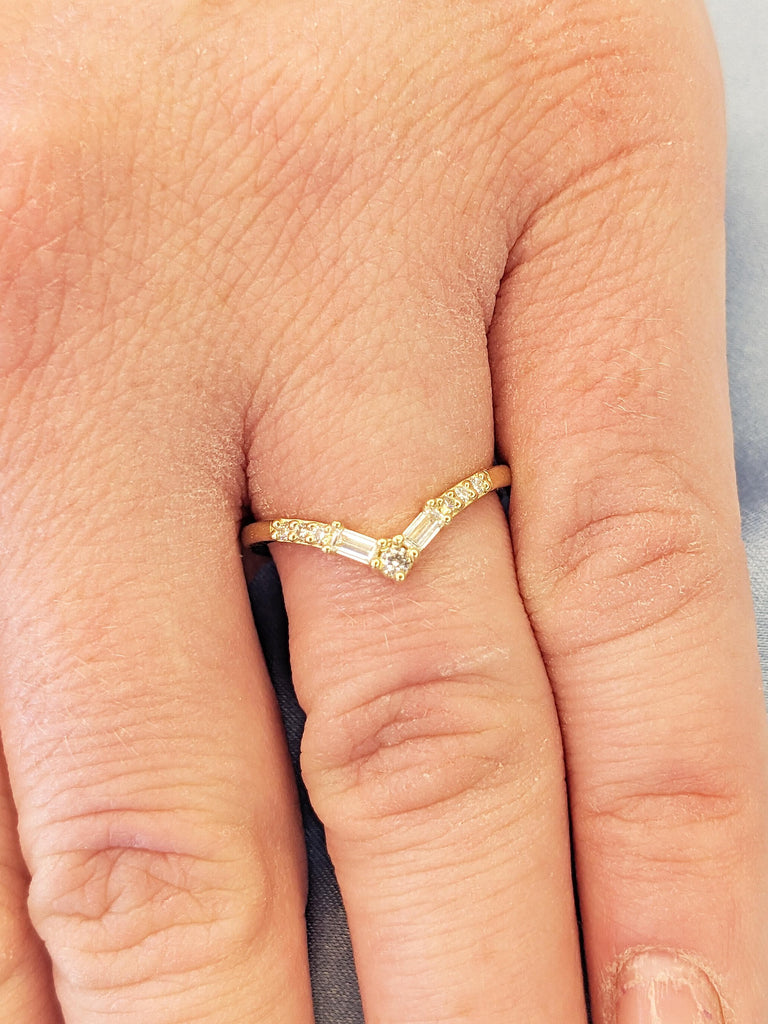 Diamond Chevron Ring | 14k Gold Matching Ring | Round, Baguette Diamond Cluster Ring | Art Deco Curved Wedding Band | Dainty Stackable Ring