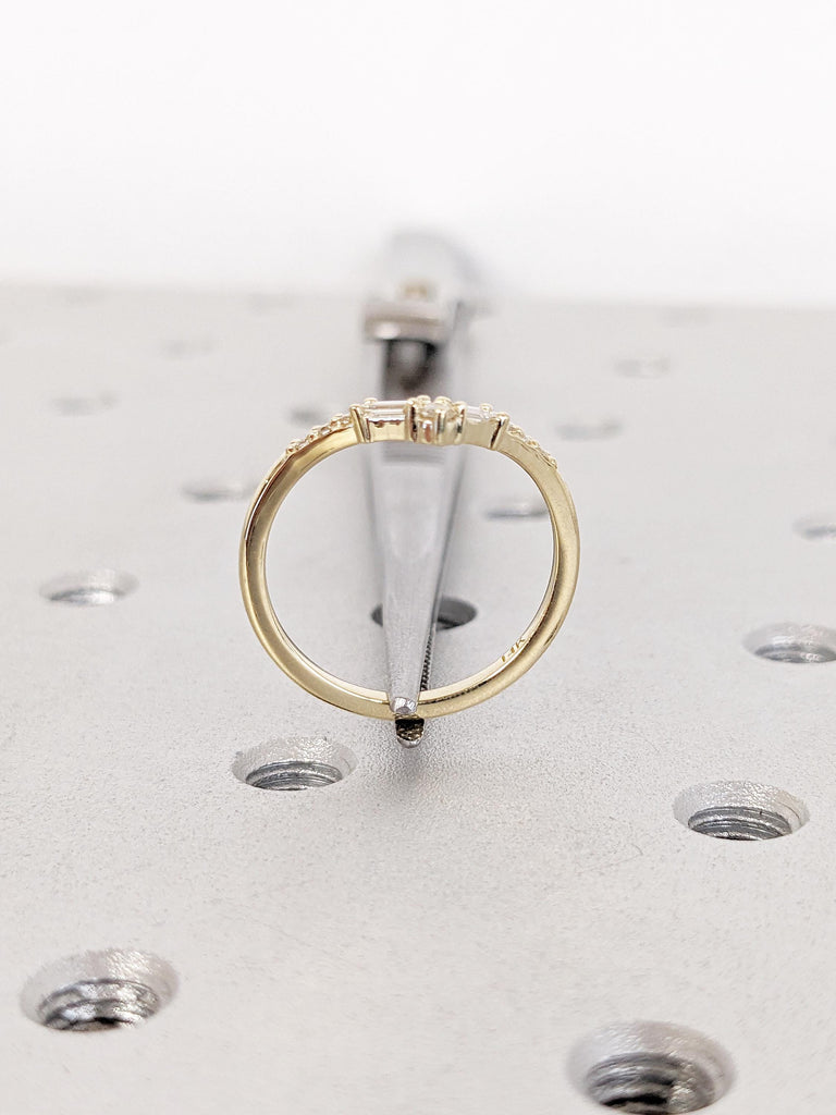 Diamond Chevron Ring | 14k Gold Matching Ring | Round, Baguette Diamond Cluster Ring | Art Deco Curved Wedding Band | Dainty Stackable Ring