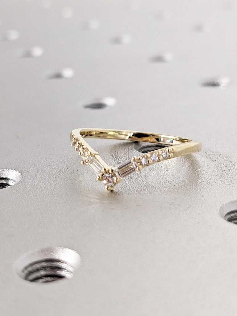 Diamond Chevron Ring | 14k Gold Matching Ring | Round, Baguette Diamond Cluster Ring | Art Deco Curved Wedding Band | Dainty Stackable Ring