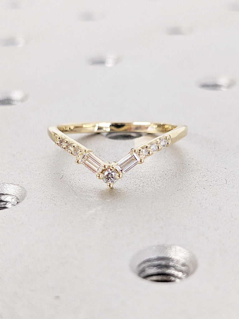 14k Gold Wedding Band, Stacking Ring, Gold Chevron Ring, Curved Wedding Ring