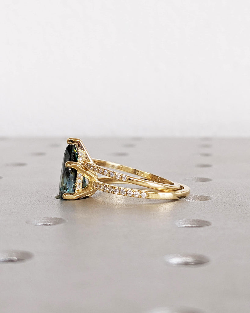Colored Moissanite Engagement Ring Set, Green Moissanite Ring, Vintage Green Pear Engagement Ring, Hidden Halo Pavé Diamond Wedding Band Set