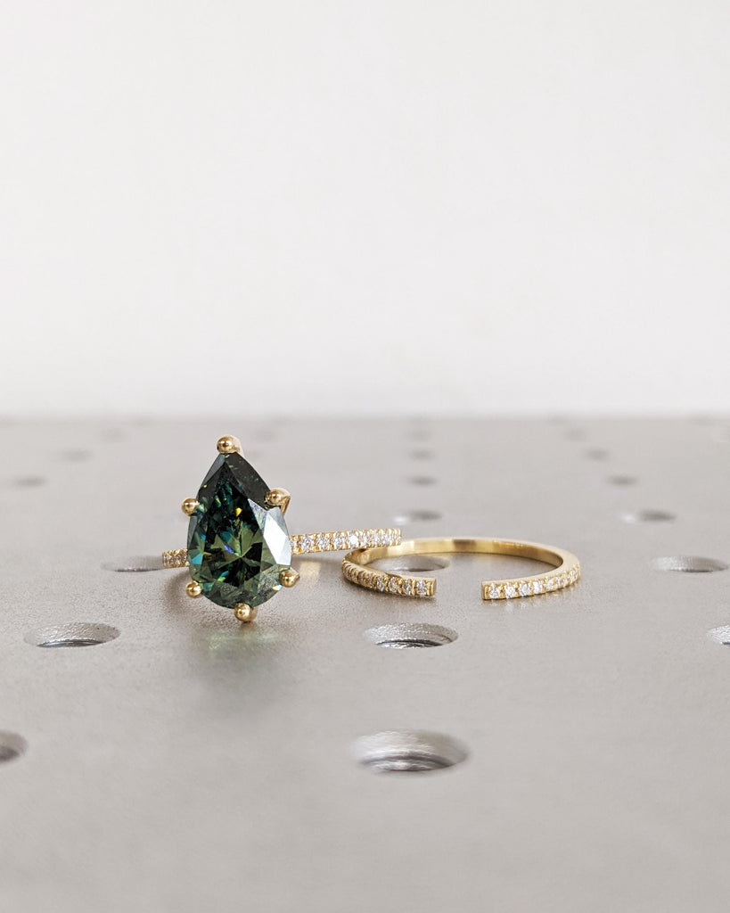 Colored Moissanite Engagement Ring Set, Green Moissanite Ring, Vintage Green Pear Engagement Ring, Hidden Halo Pavé Diamond Wedding Band Set