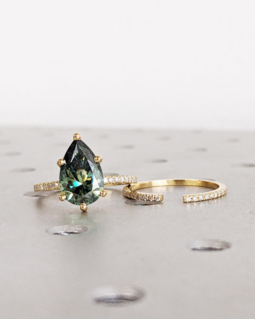 Colored Moissanite Engagement Ring Set, Green Moissanite Ring, Vintage Green Pear Engagement Ring, Hidden Halo Ring, Pavé Diamond Wedding Band Bridal Set