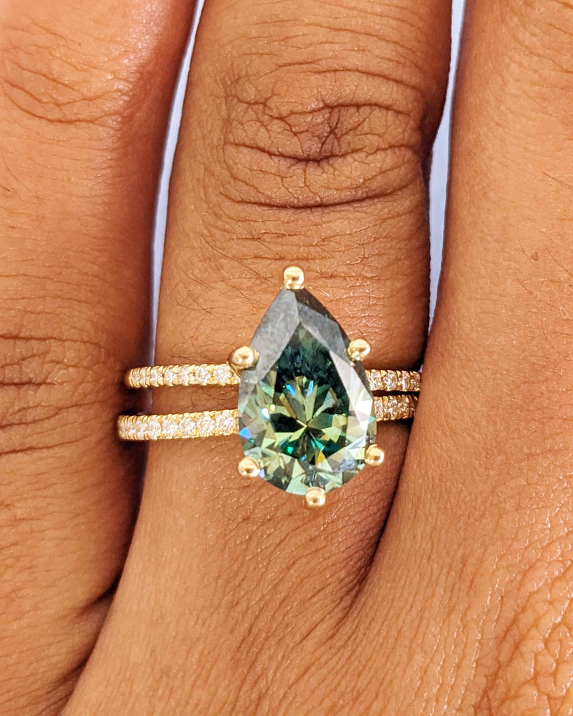 Colored Moissanite Engagement Ring Set, Green Moissanite Ring, Vintage Green Pear Engagement Ring, Hidden Halo Pavé Diamond Wedding Band Set