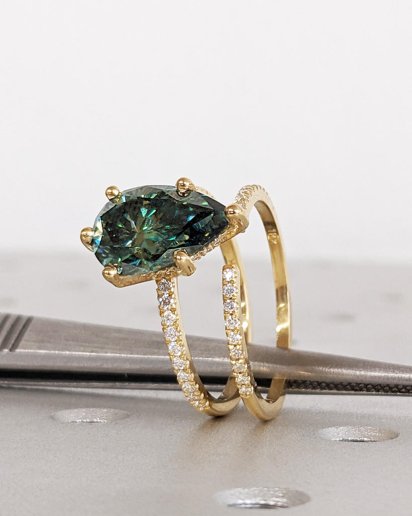 Colored Moissanite Engagement Ring Set, Green Moissanite Ring, Vintage Green Pear Engagement Ring, Hidden Halo Pavé Diamond Wedding Band Set