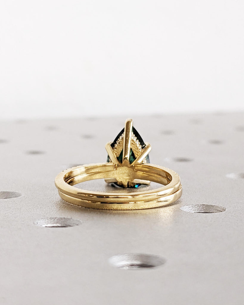 Colored Moissanite Engagement Ring Set, Green Moissanite Ring, Vintage Green Pear Engagement Ring, Hidden Halo Pavé Diamond Wedding Band Set