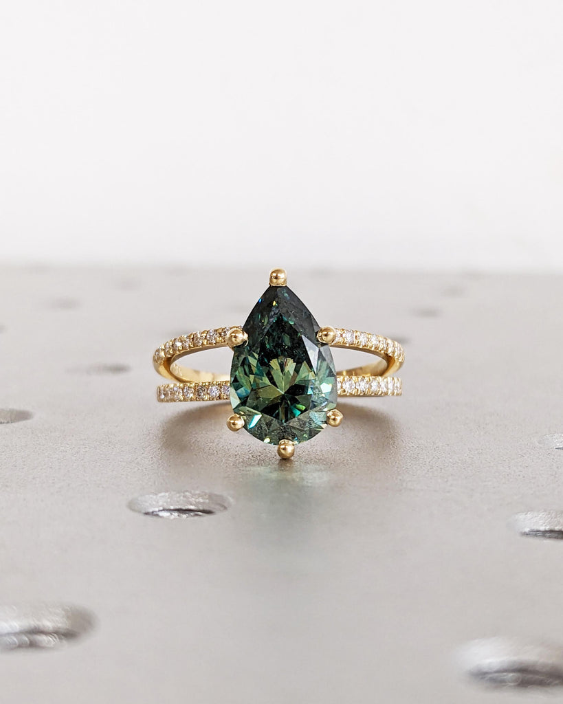 Green Moissanite Ring, Pear Shaped Green Moissanite Wedding Ring Set, Hidden Halo Promise Ring, Pavé Open Wedding Band, Stackable Bridal Set