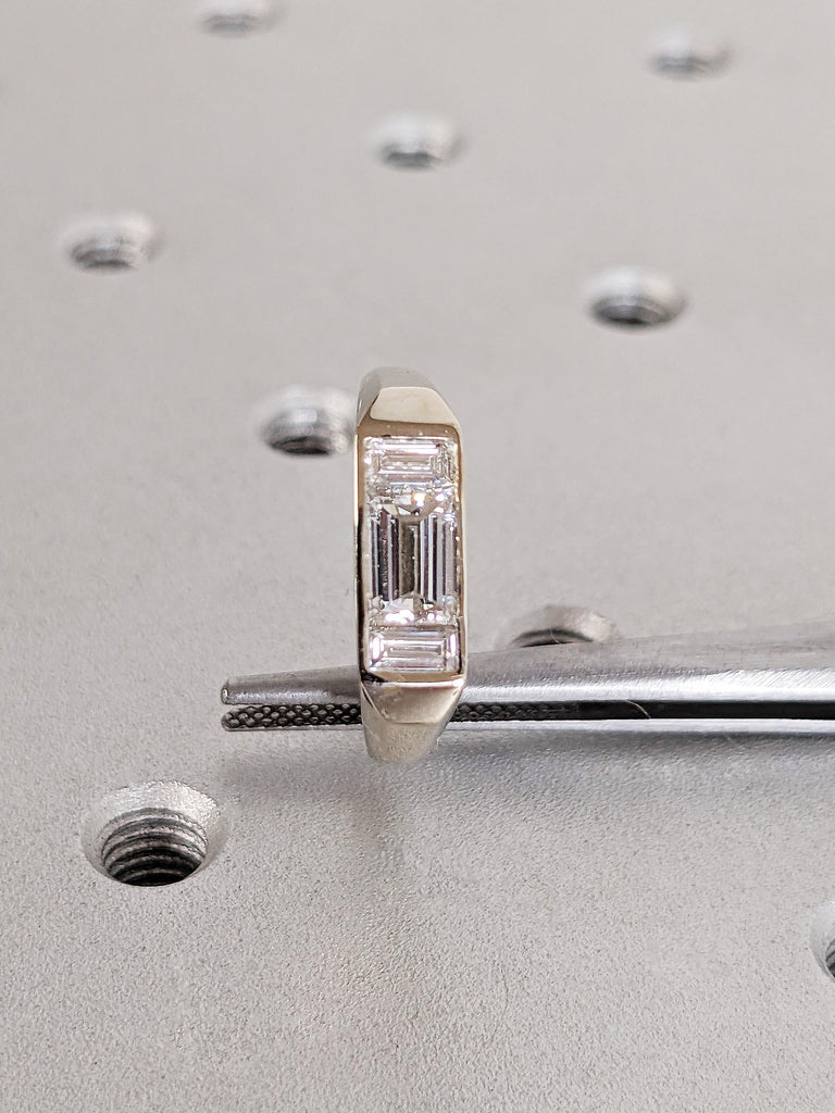 Personalized 14K Raw White Gold Lab Diamond Ring, Vintage Baguette Cut White Diamond Wedding Ring, Wide Band Polished Finish Diamond Ring