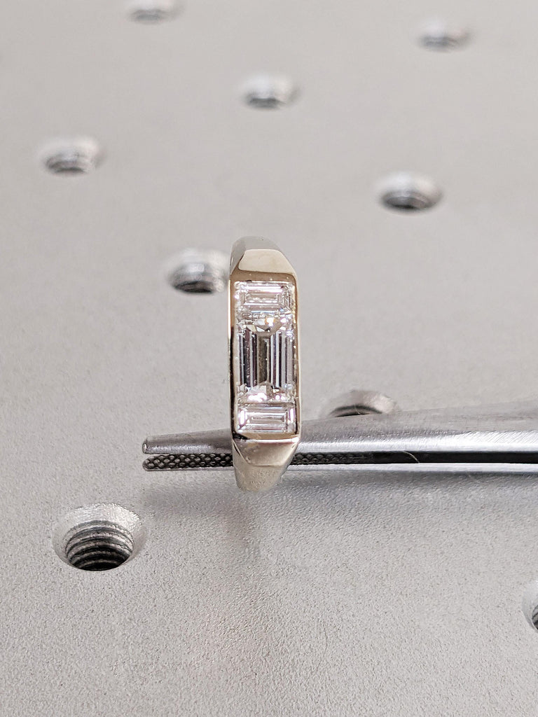 Baguette Cut Moissanite Engagement Ring, Custom 3 Stone White Diamond Ring, Minimalist Bezel Setting Wedding Band, 14K Raw White Gold Ring