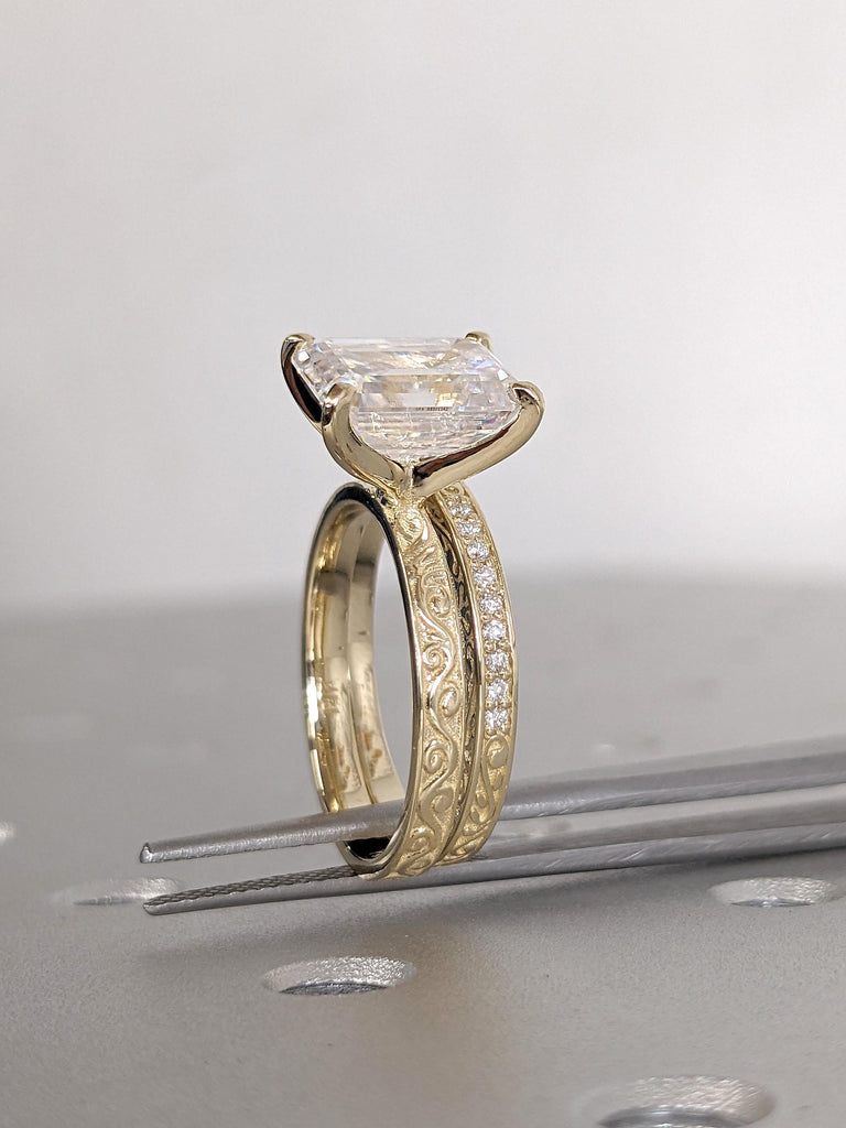Emerald cut Diamond Wedding Anniversary Ring | Filigree Ring | 14k Yellow Gold Stacking Ring | Woman Bridal Set