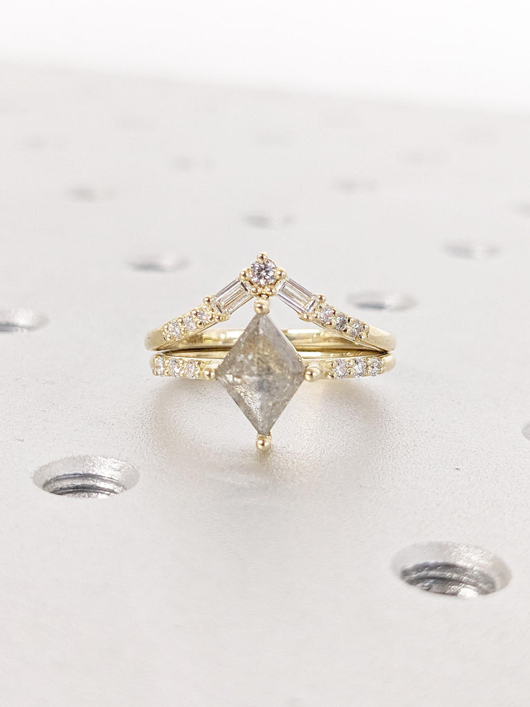 14k Gold Bridal Ring Set, Salt and Pepper Diamond Ring, Kite Ring
