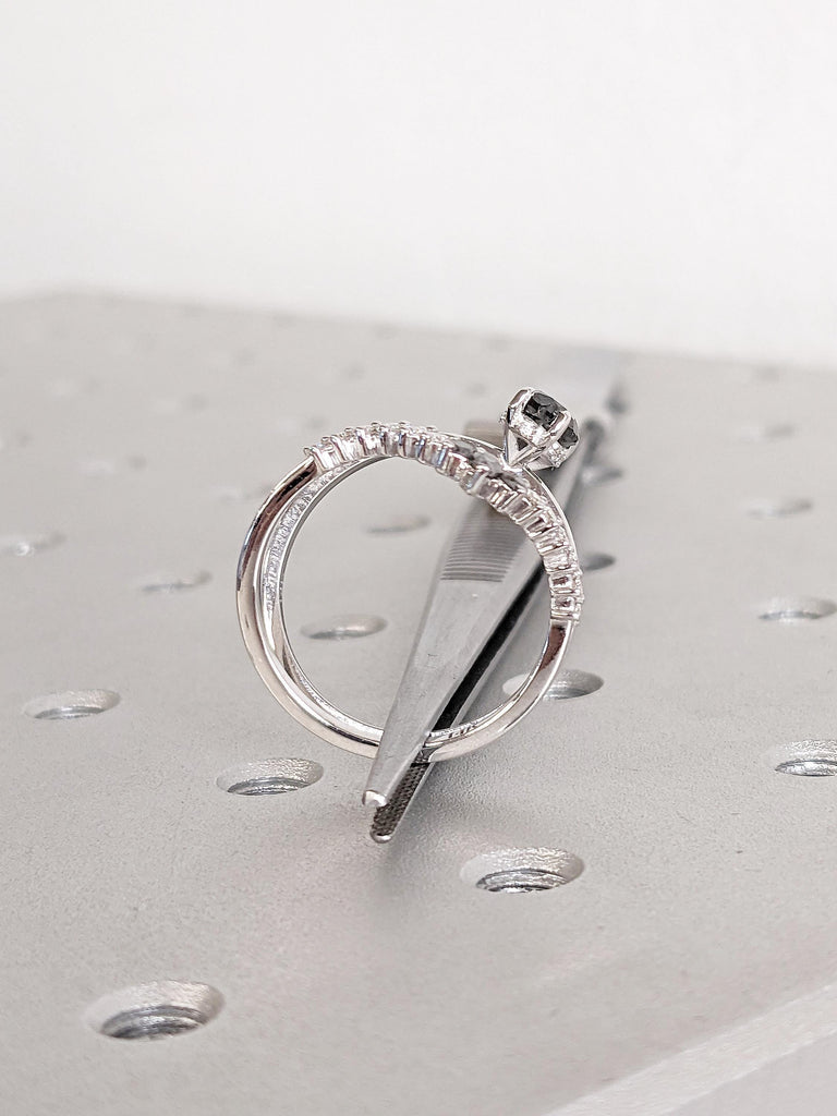 Oval Salt and Pepper Diamond Engagement Ring, 14k White Gold Ring Set, Stacking Rings for Women, Diamond Hidden Halo Ring, Bridal Set Ring