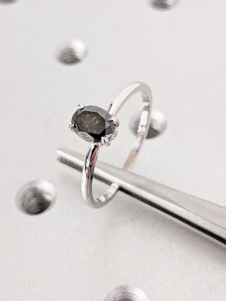 Oval Salt and Pepper Diamond Engagement Ring, 14k White Gold Ring Set, Stacking Rings for Women, Diamond Hidden Halo Ring, Bridal Set Ring