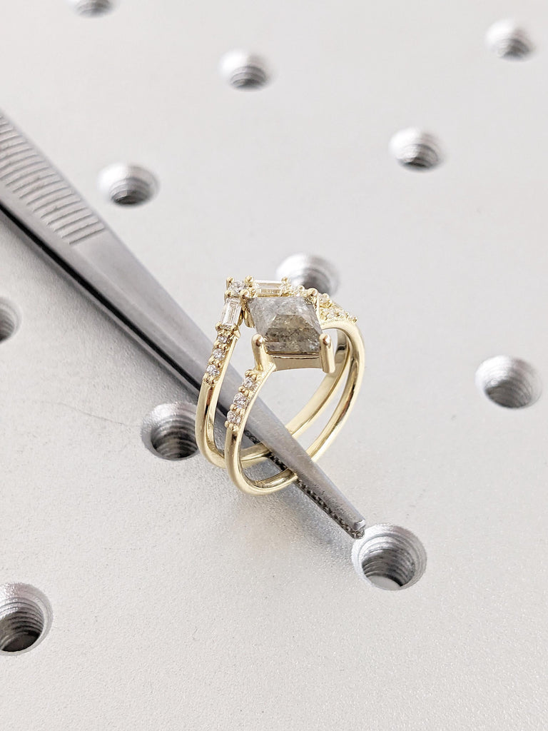 Salt and Pepper Diamond Engagement Ring Set, 14k Solid Gold Ring