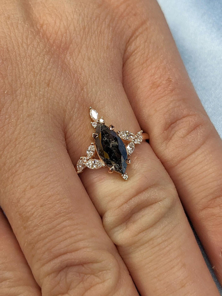Marquise Cut Cluster Engagement Ring | Natural Black Diamond Wedding Ring | 14K Solid Gold Anniversary Ring | Marquise Promise Ring Gift
