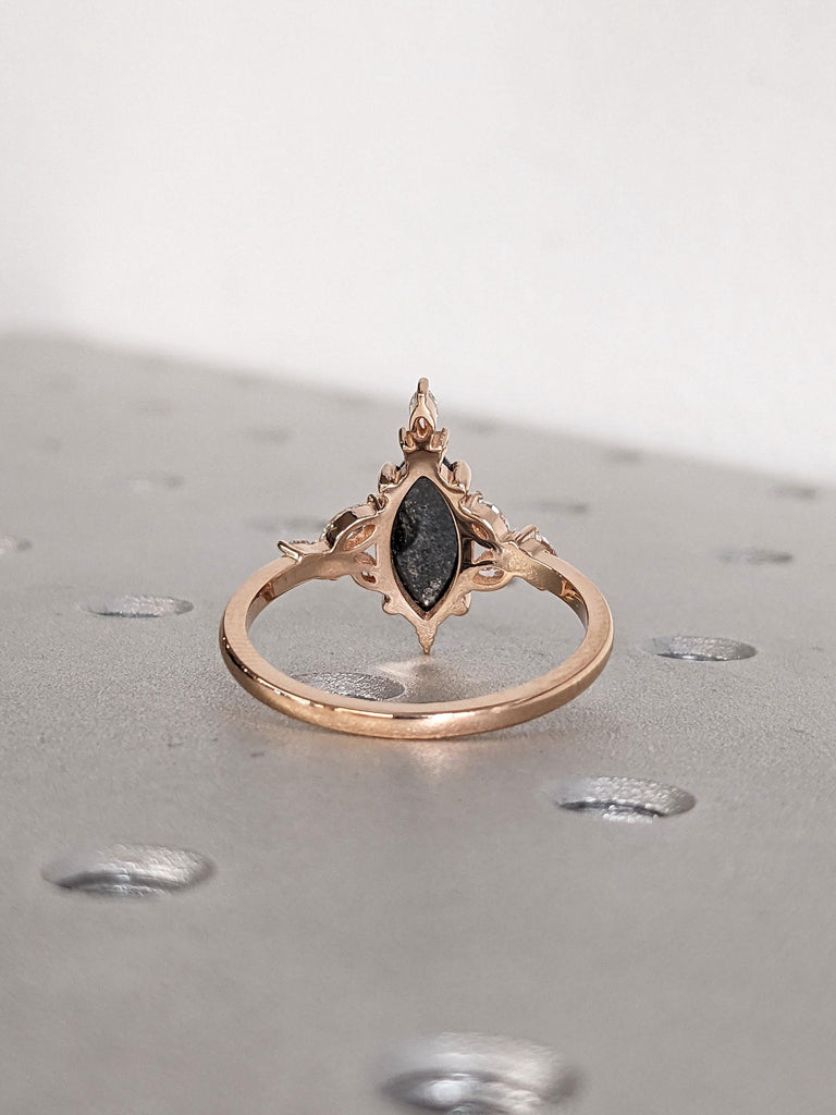 Marquise Cut Cluster Engagement Ring | Natural Black Diamond Wedding Ring | 14K Solid Gold Anniversary Ring | Marquise Promise Ring Gift