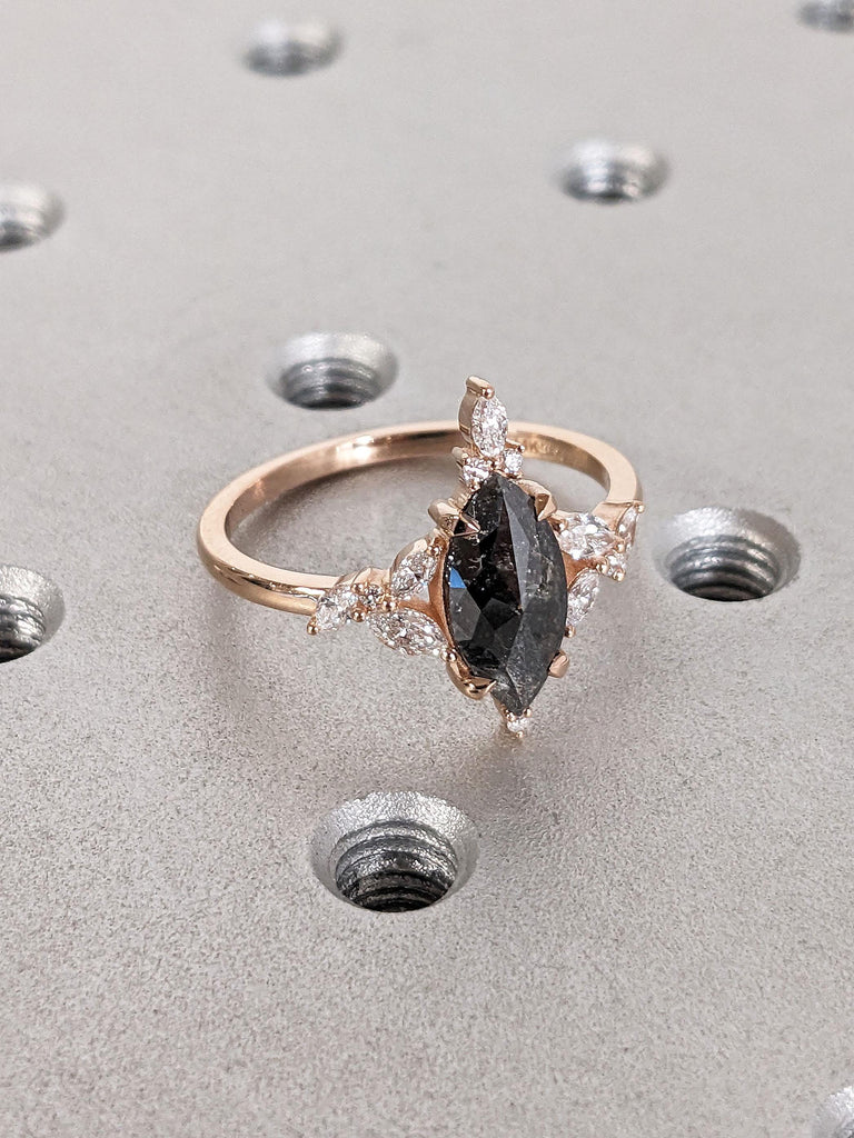 Marquise Rose cut Salt and Pepper Black Diamond Promise Ring | Alternative Bridal Jewelry | Unique Proposal Ring for Her