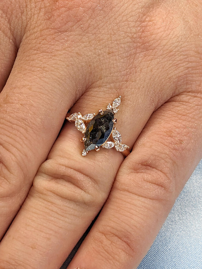 Vintage Engagement Ring for Women, Certified Genuine Marquise Cut Salt and Pepper Diamond, Wedding Ring for Her, Top Graded Diamond Ring, Gift For Her