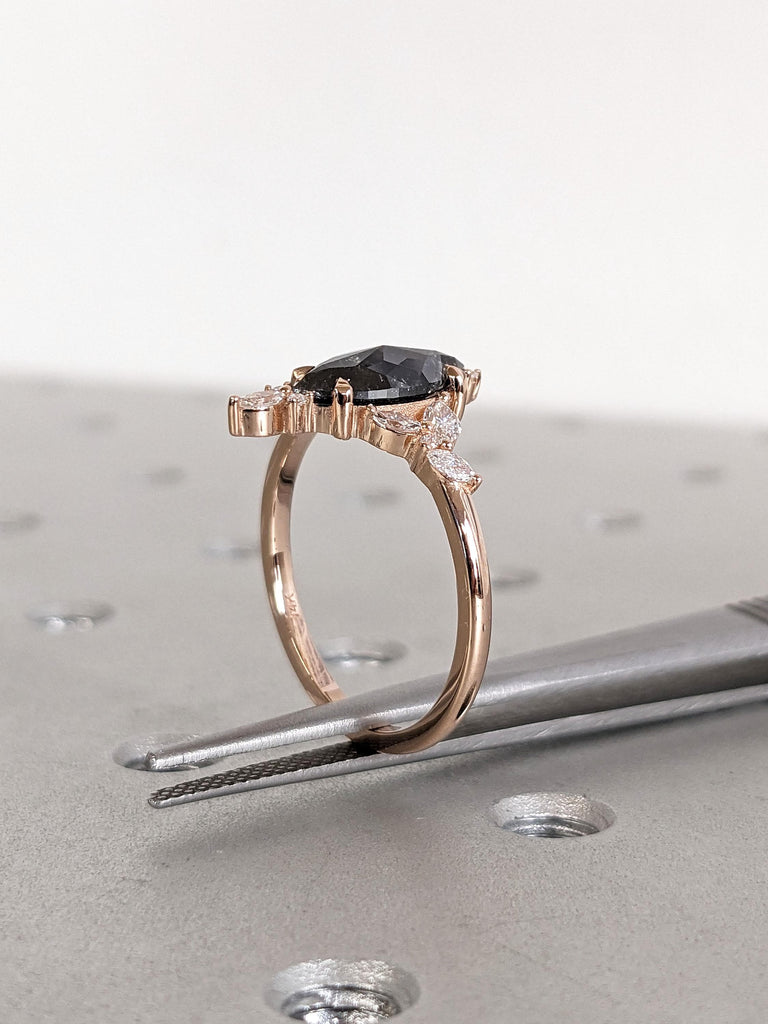 Marquise Cut Cluster Engagement Ring | Natural Black Diamond Wedding Ring | 14K Solid Gold Anniversary Ring | Marquise Promise Ring Gift