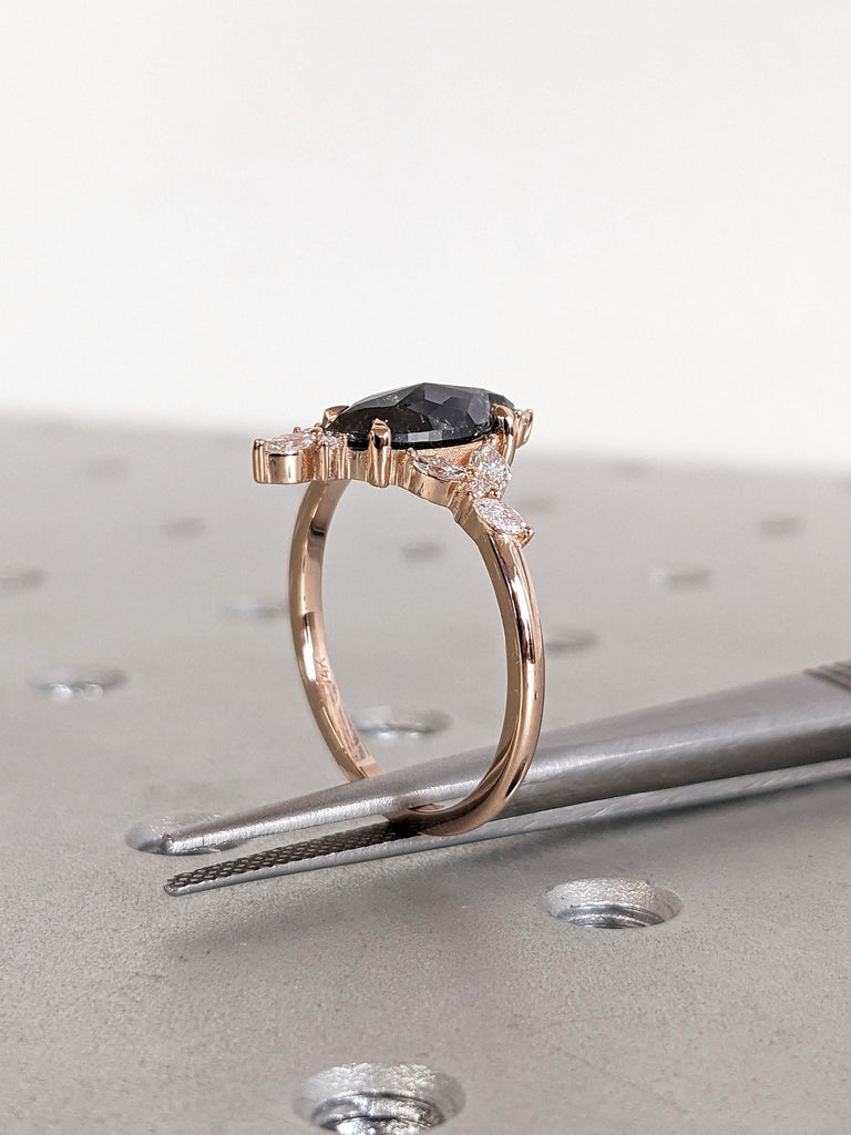 14k Rose Gold Vintage Engagement Ring for Women | Genuine Marquise Cut Salt and Pepper Diamond Wedding Ring | Fine Diamond Ring Gift For Her