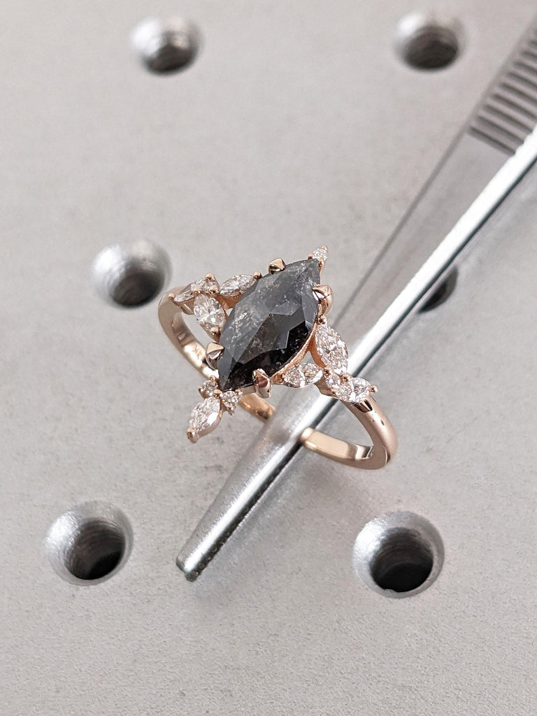 Marquise Salt and Pepper Diamond Engagement Ring | Genuine Natural Black Diamond Anniversary Ring | Unique Proposal Ring for Her | Claw Prong Setting Ring Gift