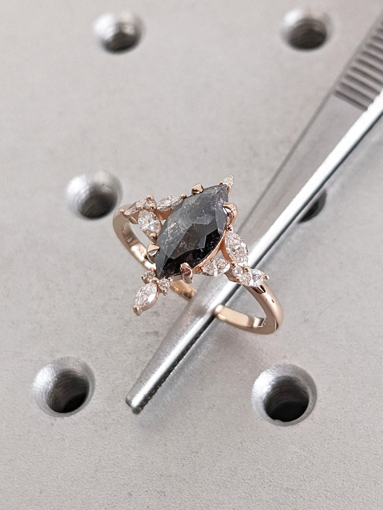 Marquise Salt and Pepper Diamond Engagement Ring | Genuine Natural Black Diamond Anniversary Ring | Unique Proposal Ring for Her | Claw Prong Setting Ring Gift