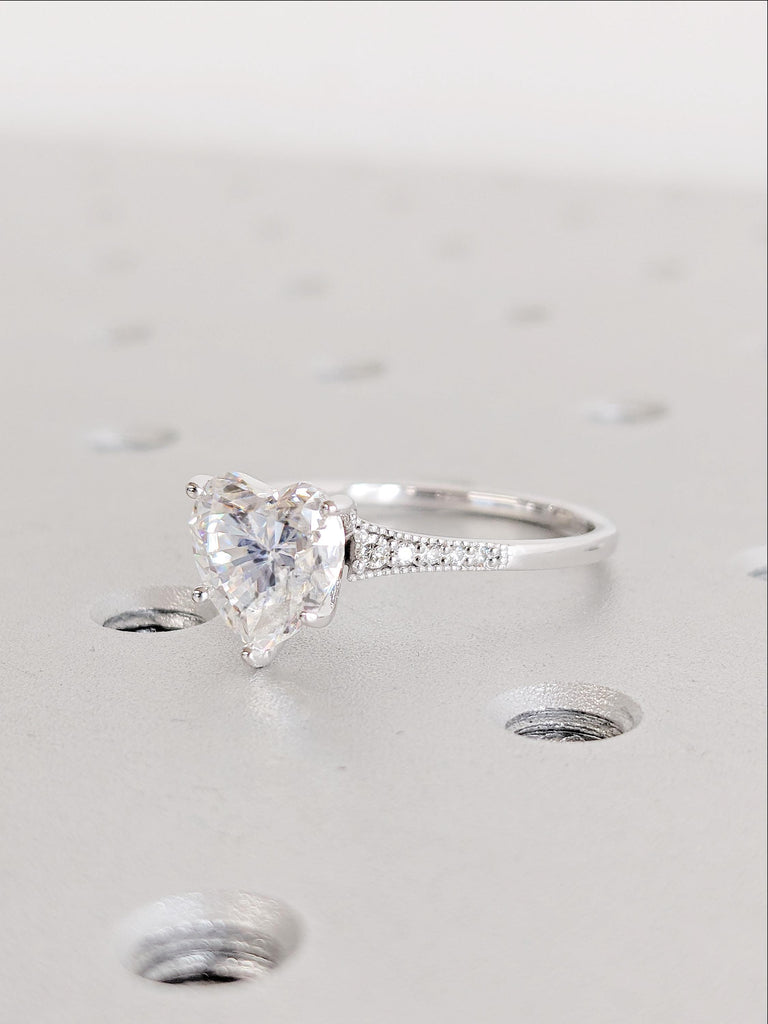 14K White Gold Heart Moissanite Ring | Vintage Art Deco Milgrain Engagement Ring | Unique Bridal Jewelry | Wedding Anniversary Gift for Her image #1