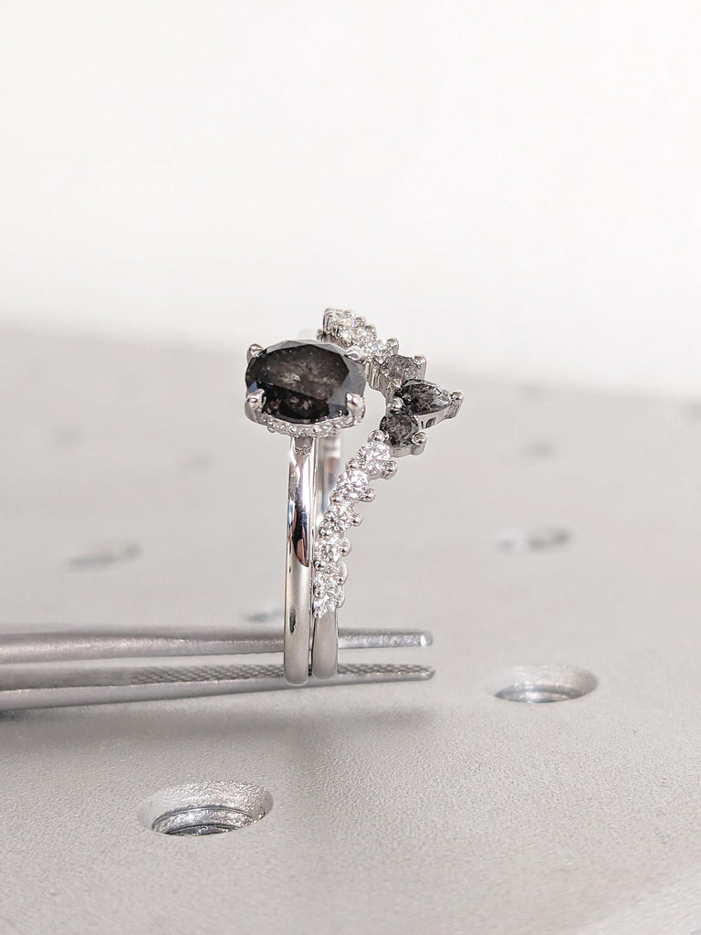 Oval Salt and Pepper Diamond Engagement Ring, 14k White Gold Ring Set, Stacking Rings for Women, Diamond Hidden Halo Ring, Bridal Set Ring