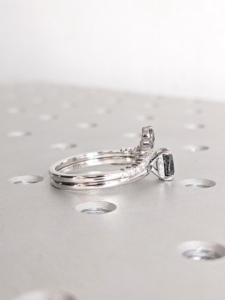 Oval Salt and Pepper Diamond Engagement Ring, 14k White Gold Ring Set, Stacking Rings for Women, Diamond Hidden Halo Ring, Bridal Set Ring