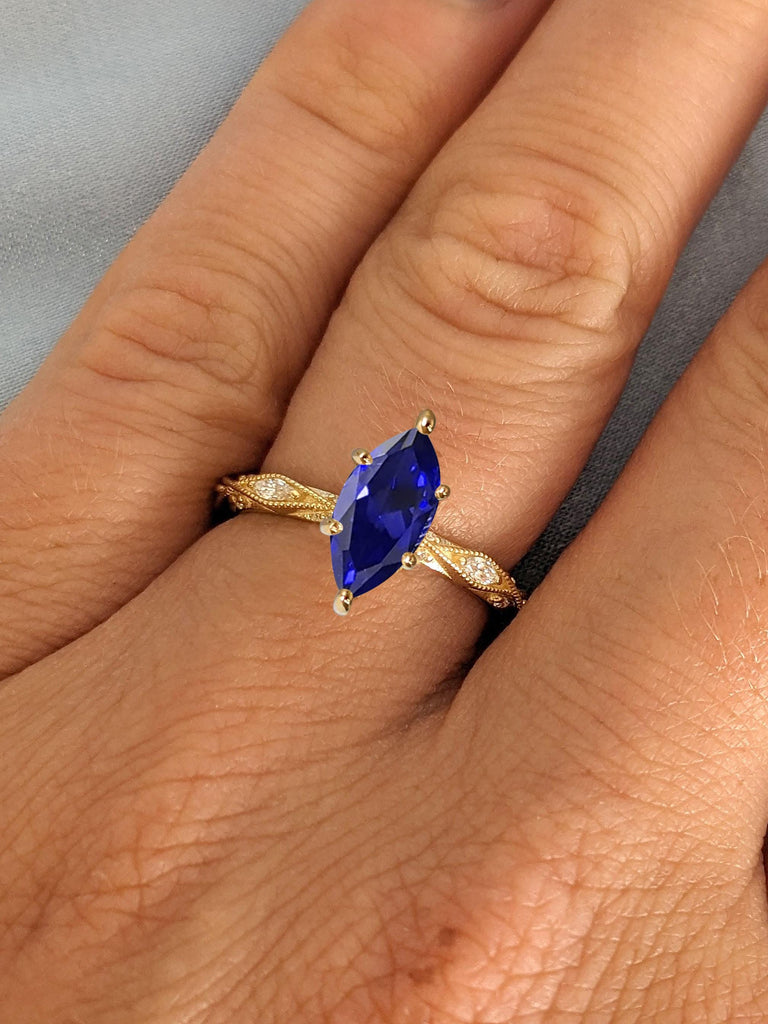 14k Solid Gold 0.5ct Sapphire Ring, Marquise cut Sapphire Engagement Ring, Blue Sapphire Ring Women, Sapphire Jewelry 18k, Dainty Sapphire Promise Ring