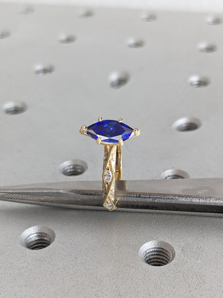 18k Solid Gold Sapphire Ring | Marquise cut Sapphire Engagement Ring | Blue Sapphire Ring | Women Sapphire Jewelry | Sapphire Promise Ring image #4