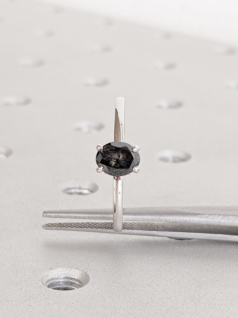 Unique Engagement Ring, Solitaire Salt and Pepper Ring, Hidden Halo Moissanite Ring, Bridal Set, Gift for Wife, Stackable Rings for Women