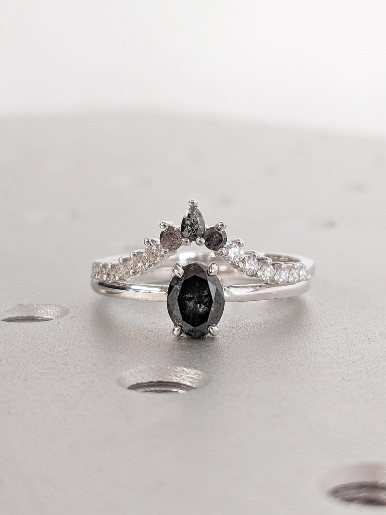 Salt and Pepper Diamond Ring, Oval Engagement Ring, Crown Matching Ring