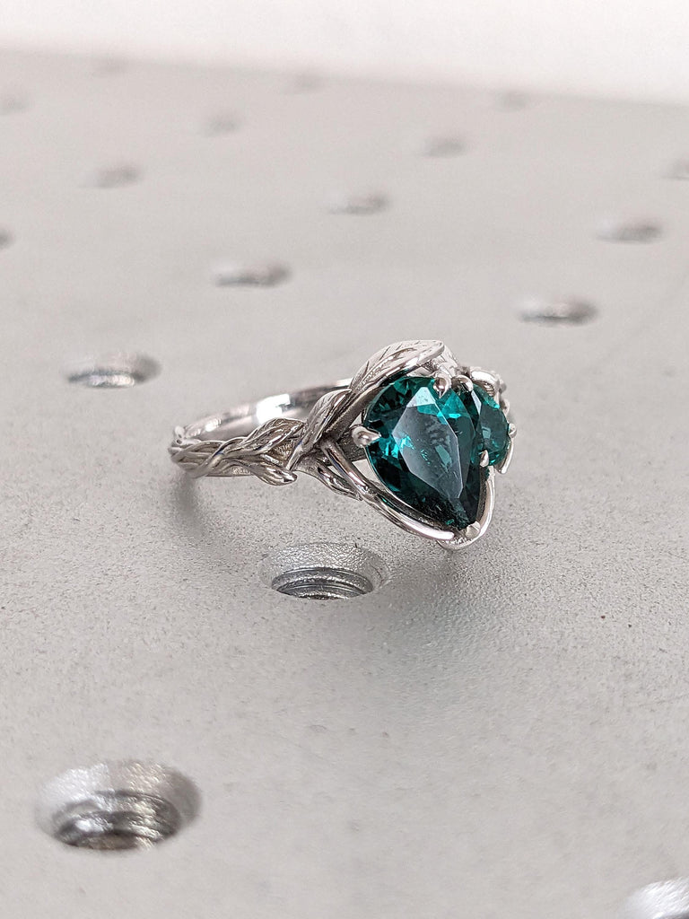 Green Emerald Ring | Pear Cut Lab Created Emerald Engagement Ring | Nature Inspired Solid 14K Gold | Art Deco Ring Teardrop Ring