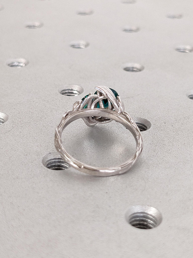 1.5, 2 Carat Lab Emerald Gemstone Engagement Ring | Nature Inspired Emerald Ring | Unique May Birthstone Rustic White Gold Rings for Women