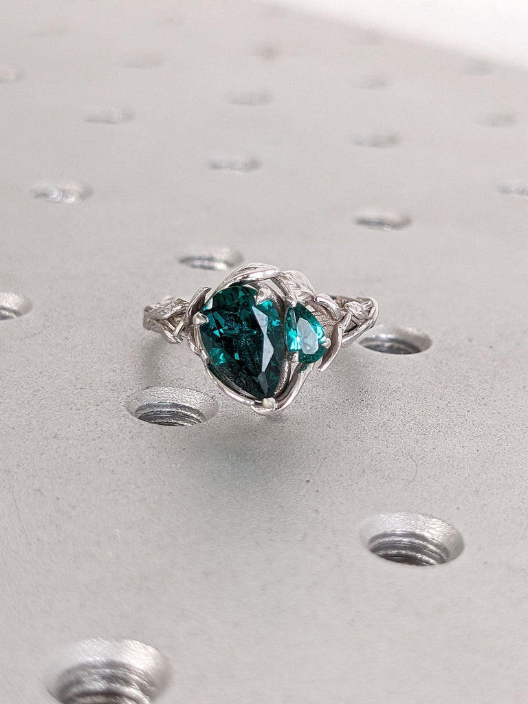 Pear cut Emerald Engagement Ring | Solid 14K 18K White Gold Wedding Ring | 1-3ct Lab Created Green Emerald Ring | Bridal Ring Promise Ring
