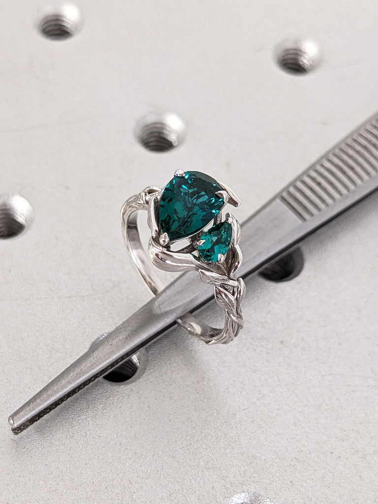 1.5 Carat Lab Emerald Gemstone Engagement Ring | Nature Inspired Emerald Ring | Unique Leaf Ring White Gold Rings for Women