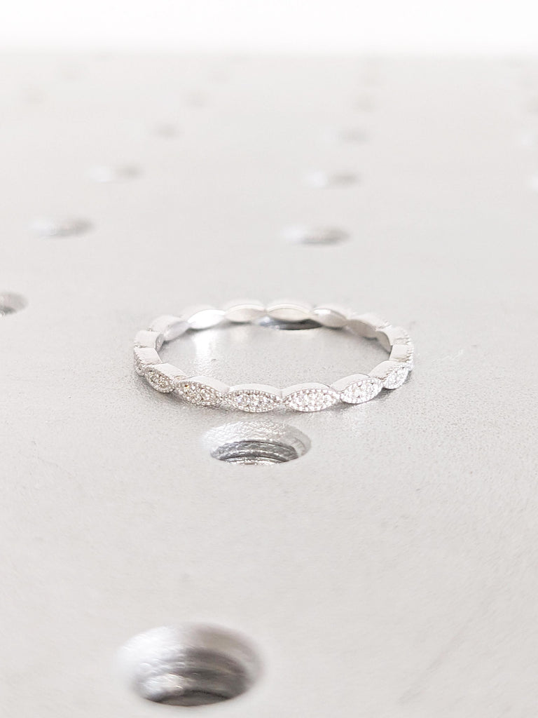 Vintage Wedding Band, 14k White Gold Ring, Lab Diamond Matching Ring, Milgrain Eternity Band, Moissanite Wedding Band, Diamond Stacking Ring