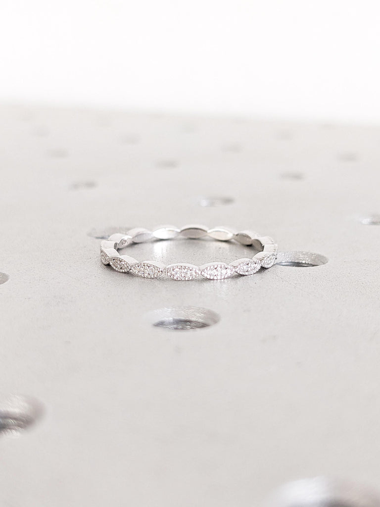 Vintage Wedding Band, 14k White Gold Ring, Lab Diamond Matching Ring, Milgrain Eternity Band, Moissanite Wedding Band, Diamond Stacking Ring