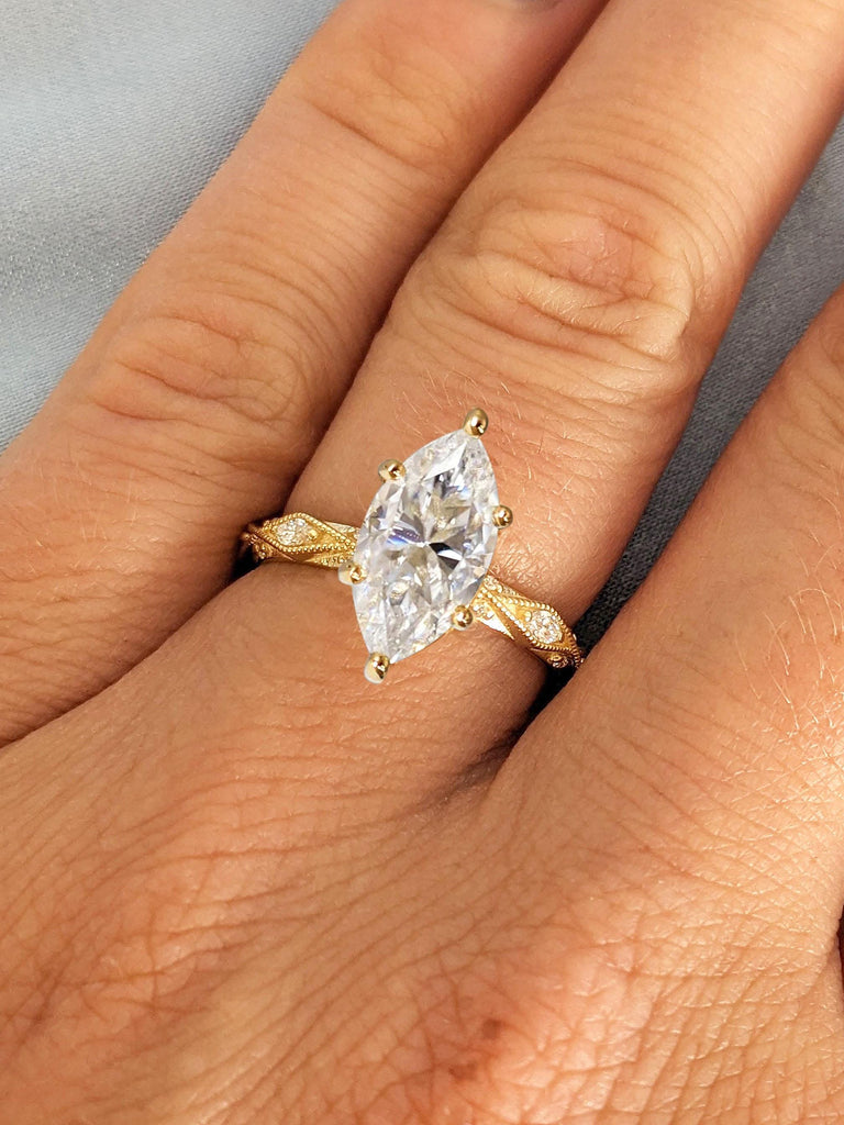 Solid Yellow Gold Marquise Cut Engagement Ring | 1-2CT Marquise Moissanite Ring | Milgrain Wedding Ring | 6 Prongs Anniversary Ring For Her image #2