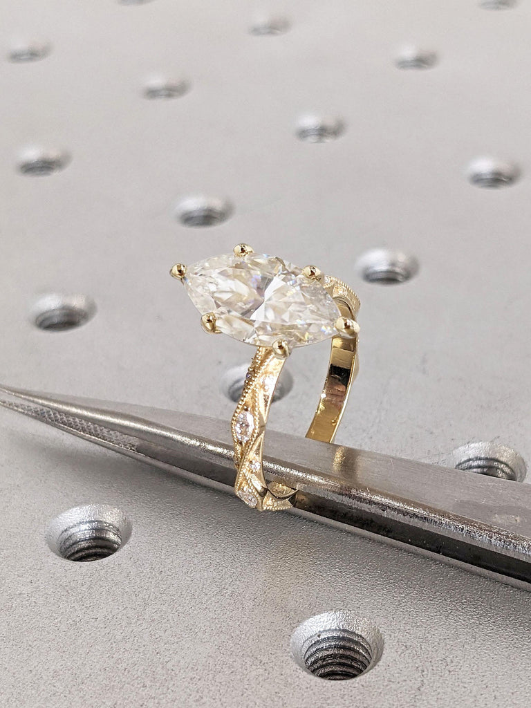 2ct Marquise Moissanite Engagement Ring | Unique Marquise Ring | 18k Yellow Gold Wedding Ring | Marquise Moissanite Vintage Style Antique Milgrain Ring